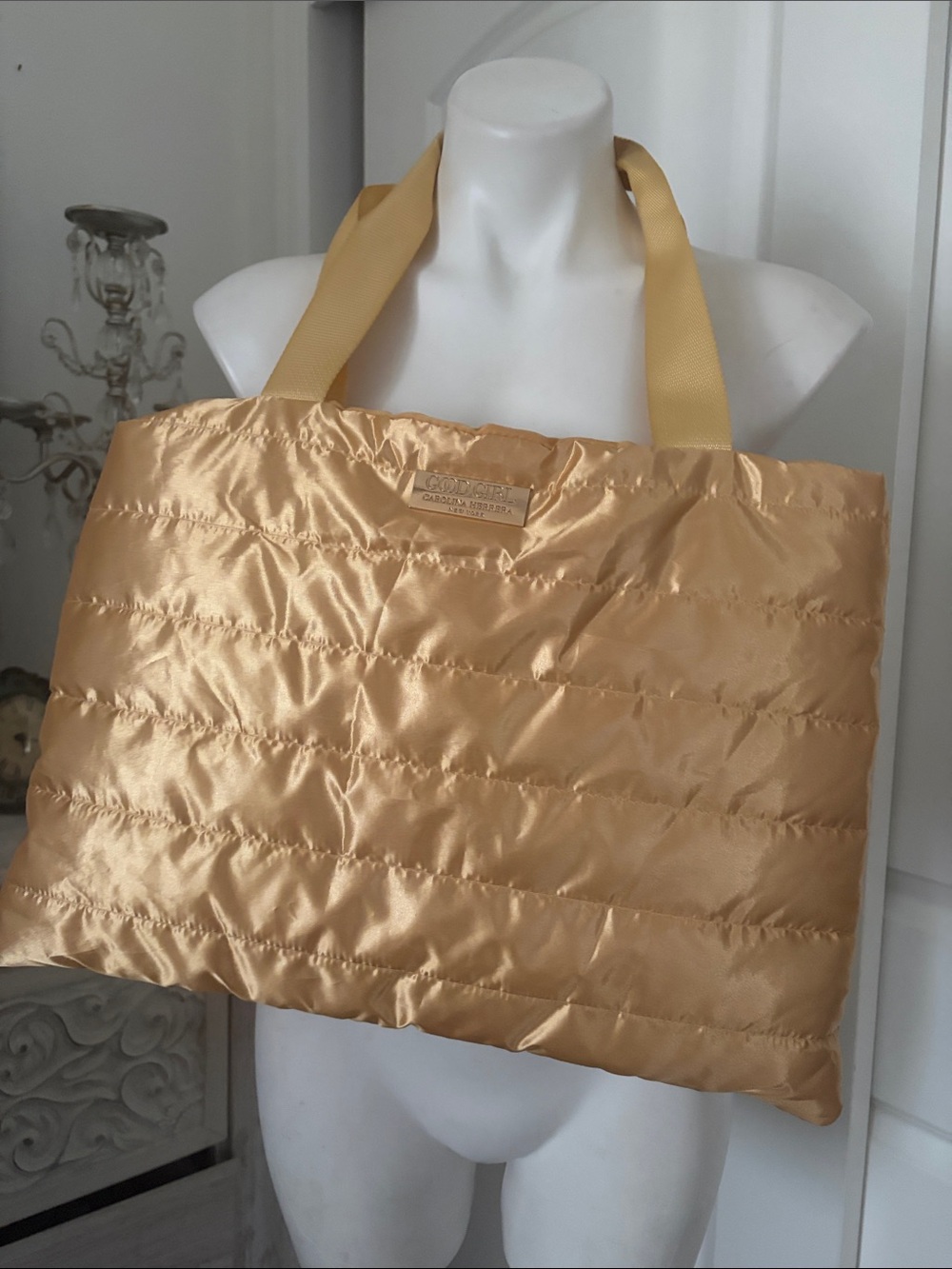 Carolina Herrera Metallic Gold Quilted Tote with Yellow Webbed Handles
